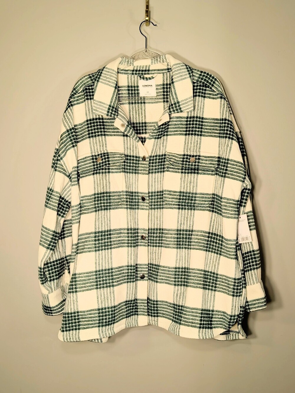 Sonoma Plaid Overshirt in Cream & Green Size 2X NWT, Pockets